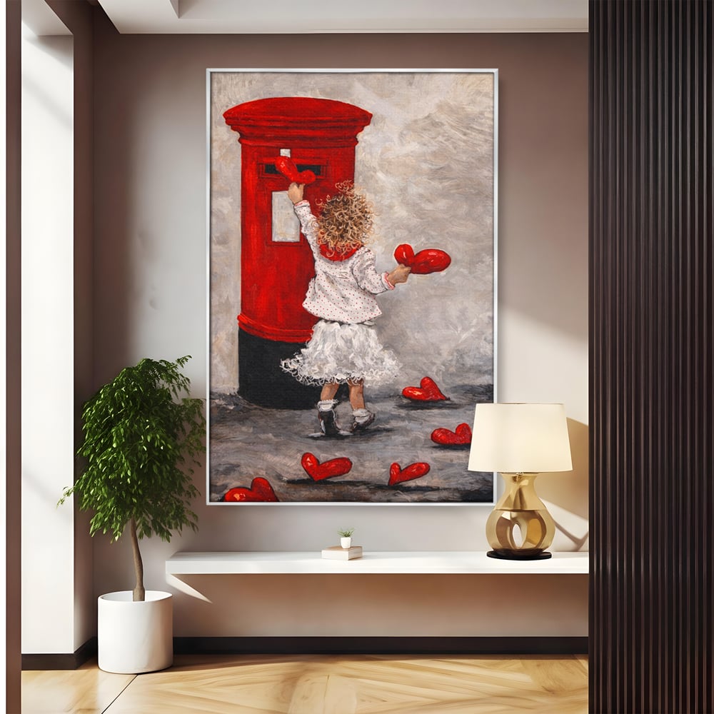 Tablou canvas cu pictura cu fetita si cutie postala, in rama de aluminiu argintiu